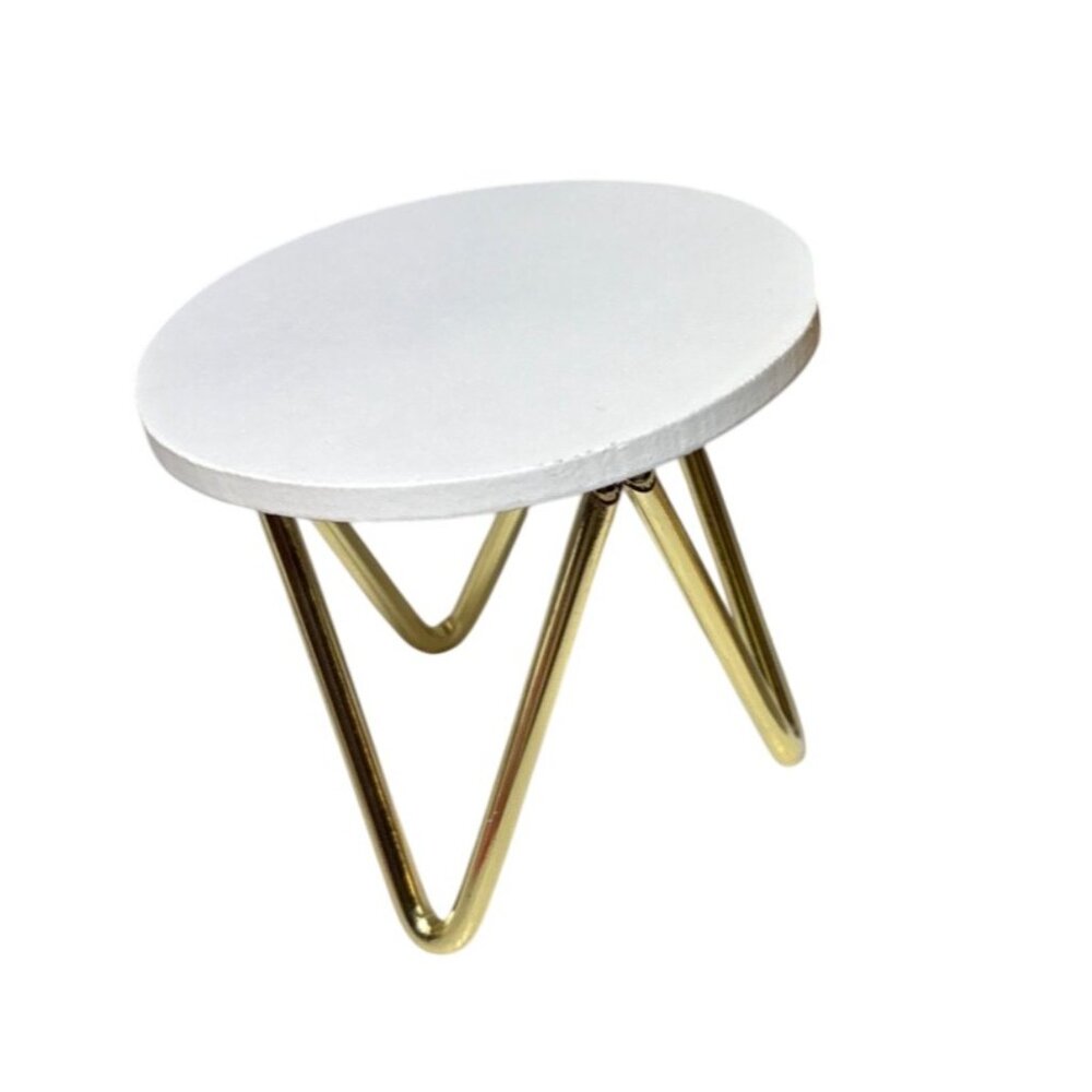 Doll Furniture Mini Round White Dollhouse Table With Gold Legs 3"